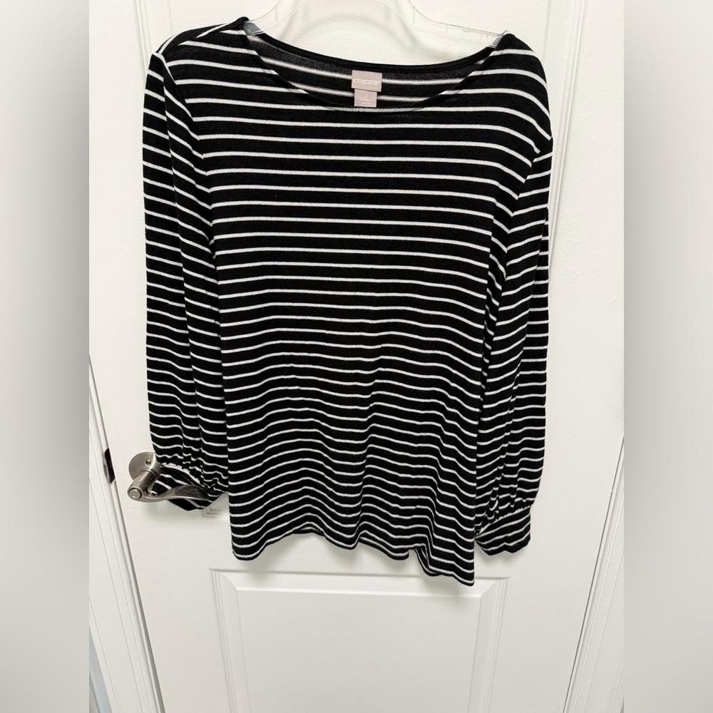 Chico's Women’s Black and White Striped Long Sleeve Top, Chico’s Size 2 or Large